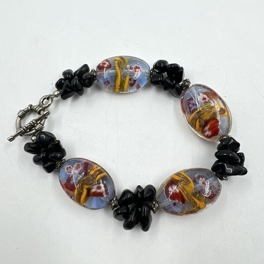 Handmade Lampwork Glass Bead Bracelet Black Glass Chip Beads Toggle Clasp